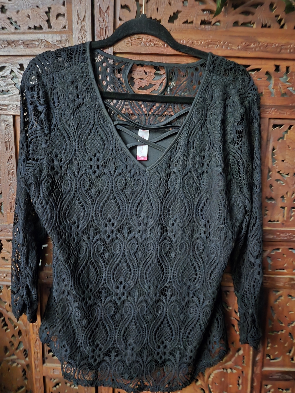 NOBO Black Lace V-Neck Top with Crisscross Detail